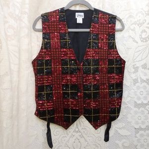 90s Festive Holiday Tartan Plaid Sparkling Sequin Beaded Vest Theo Black Red